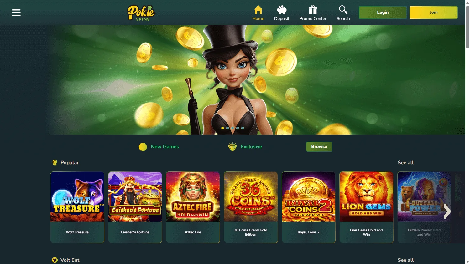 Pokie Spins Casino desktop home view