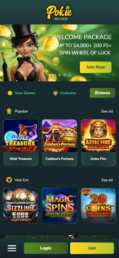 Pokie Spins Casino mobile browser home view